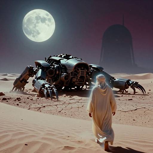 Photograph-like CGI: Desert moonlit scene with a damaged, black mech robot and a robed figure approaching from the right. Large full moon,
