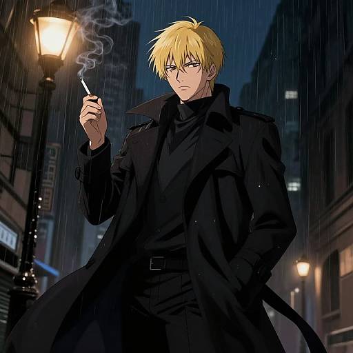 Anime-style digital drawing of a blonde man in a black coat, smoking a cigarette in a rainy city street at night.