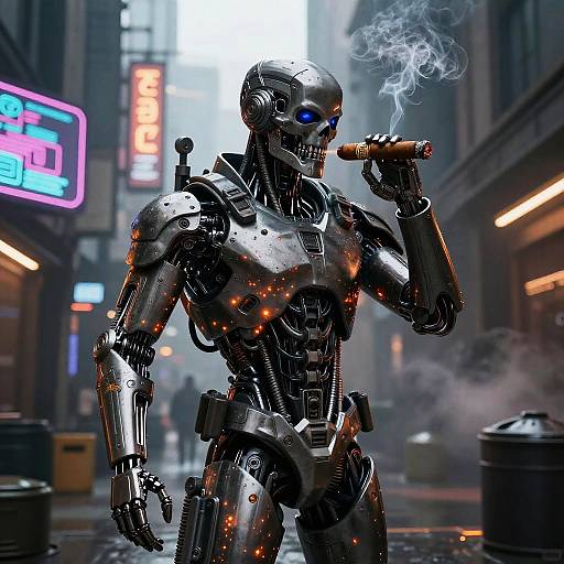 Digital art of a smoking, blue-eyed, metallic robot with glowing orange accents standing in a neon-lit, foggy urban alley.