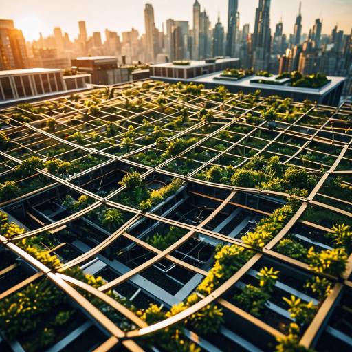 Rooftop Garden with Interlaced Metal Framework in Futuristic City