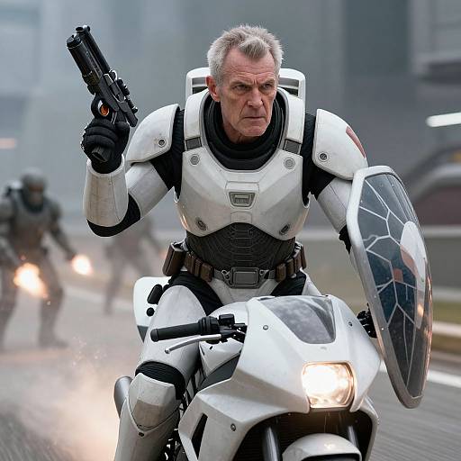CGI image of an older man in white futuristic armor, holding a gun and shield, riding a white motorcycle, with two blurred figures in the fog
