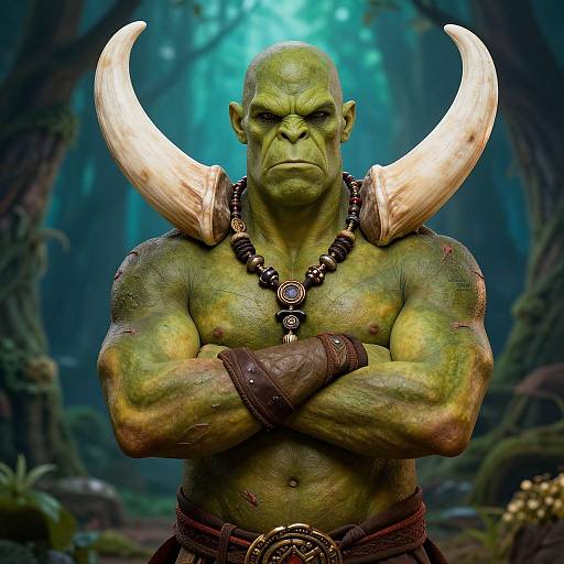 CGI orc with green skin, large white tusks, muscular build, crossed arms, bead necklace, brown leather straps, forest background.