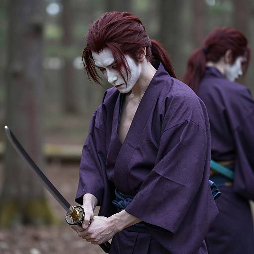 Intense Samurai in Dappled Forest Light