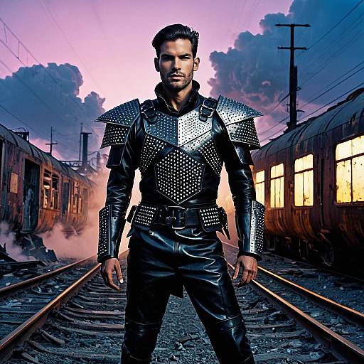 Avant-Garde Male Model in Leather Armor at Train Yard