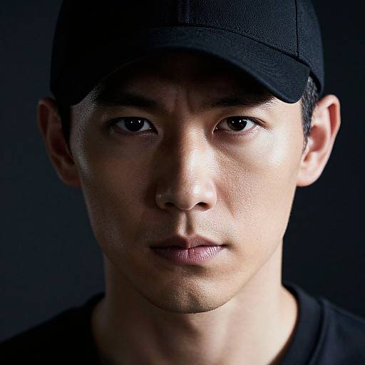 Close-up photograph of a young Asian man with fair skin, wearing a black cap and black shirt, against a dark background. His expression is neutral,