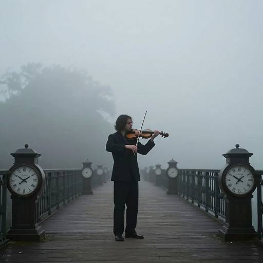 Photograph of a man in a black suit playing violin on a foggy, clock-adorned wooden bridge with misty, tree-lined background.