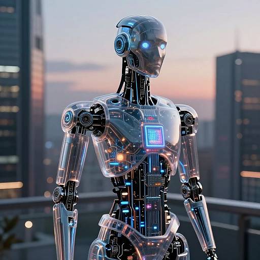 Photorealistic CGI of a shiny, blue-lit humanoid robot with a futuristic design, standing on a rooftop against a twilight cityscape.