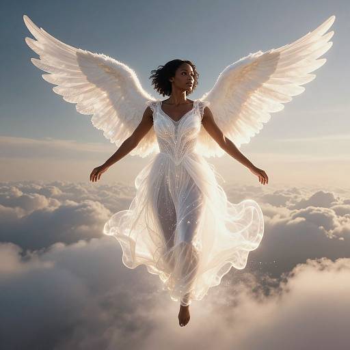 Photograph of a dark-skinned woman with glowing white angel wings and flowing dress, floating above clouds at sunset.