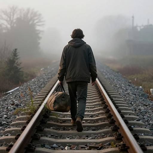 Photograph of a lone person with messy brown hair, wearing a dark jacket and jeans, walking away on a foggy, gravel railway track, carrying