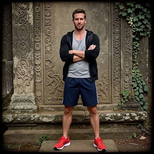 Photograph of a bearded, muscular man with short brown hair, wearing a black jacket, gray tee, navy shorts, and red sneakers, standing