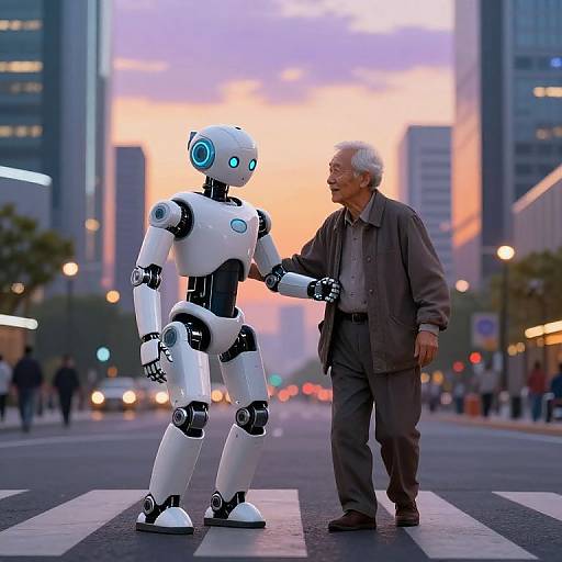 Photograph of an elderly man in a brown jacket holding the arm of a white humanoid robot with blue glowing eyes, standing on a city street at sunset