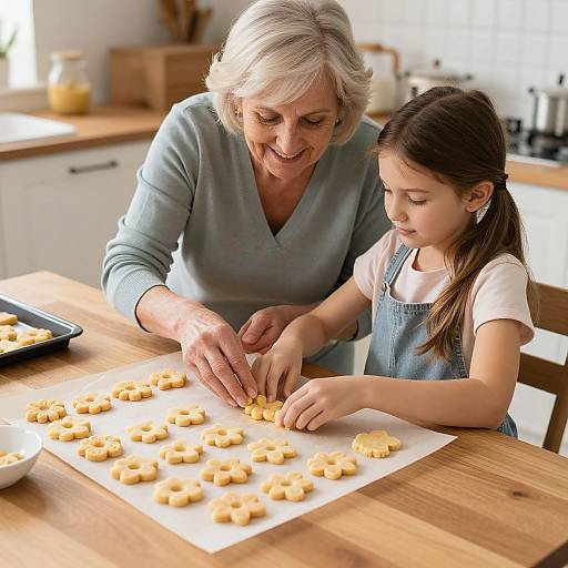 Photograph of an elderly woman with short gray hair and a young girl with brown hair, both placing small cookie dough shapes on a baking sheet in a