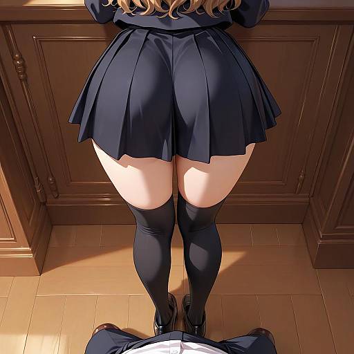 Digital anime-style drawing of a girl in a black pleated skirt and thigh-high socks, leaning against wooden cabinets, viewed from behind.