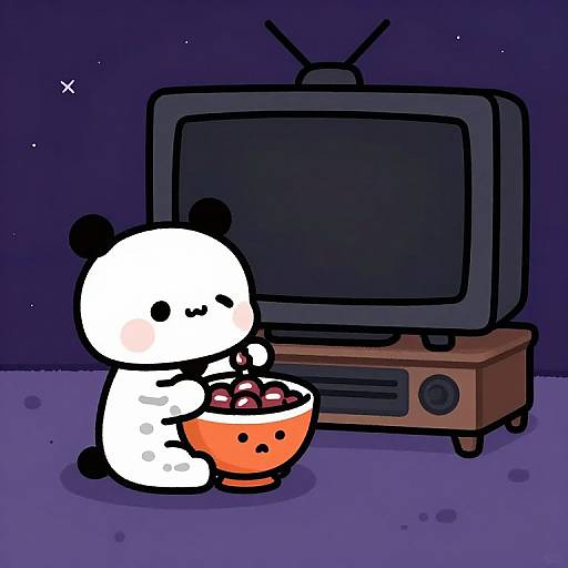 Cute digital cartoon of a white bear eating from an orange bowl while sitting in front of a black TV on a brown stand. Dark purple background.