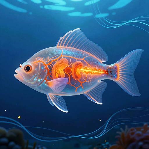 Vibrant photograph of a glowing orange and translucent fish with illuminated internal structures, swimming in a deep blue underwater scene.