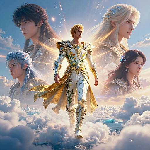 Digital artwork of a golden-armored, radiant male hero standing on clouds, surrounded by four ethereal, angelic characters with diverse hair colors. Bright