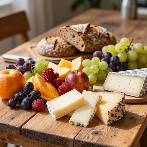 Photograph of a wooden table with sliced cheese, grapes, orange, apple, red berries, and a loaf of seeded bread. Sunlit, rustic