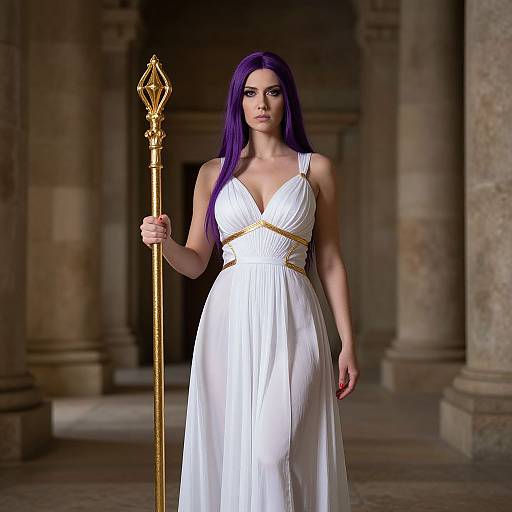 Digital art of a purple-haired woman in a white, V-neck gown holding a gold staff, standing in a stone-columned hallway.