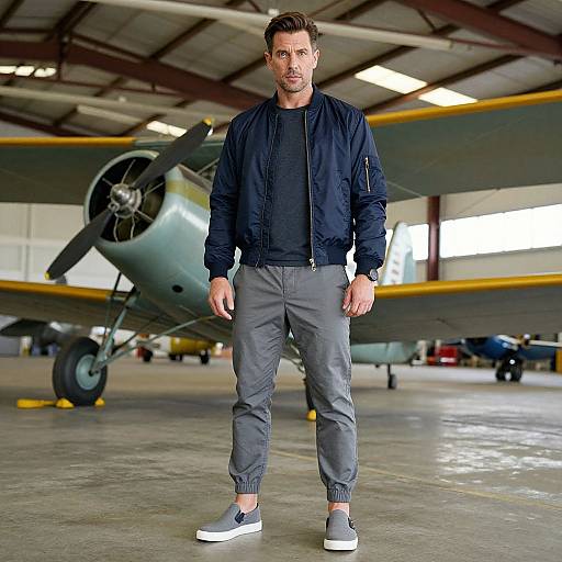 Photograph of a handsome, muscular man with short brown hair, wearing a black jacket, black shirt, gray pants, and gray sneakers, standing in