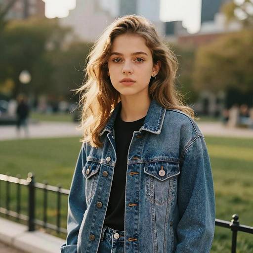 Photograph of a young woman with wavy brown hair, wearing a blue denim jacket over a black top, standing in a sunlit park with blurred