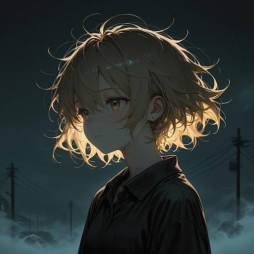 Anime Girl with Blonde Fluffy Hair in Foggy Night