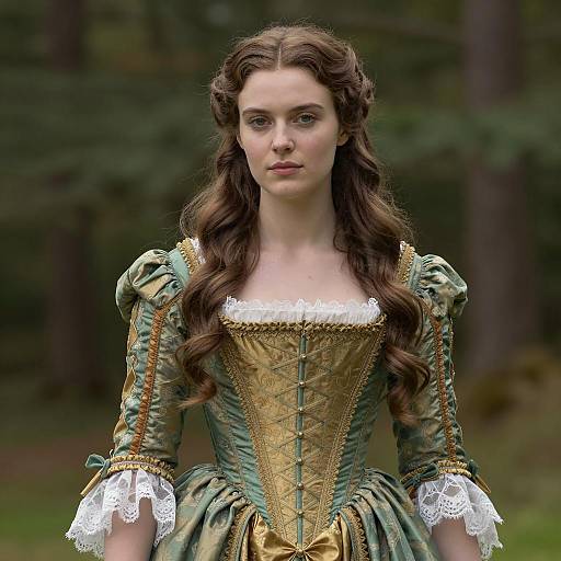 Renaissance Woman in Green and Gold Corset Dress