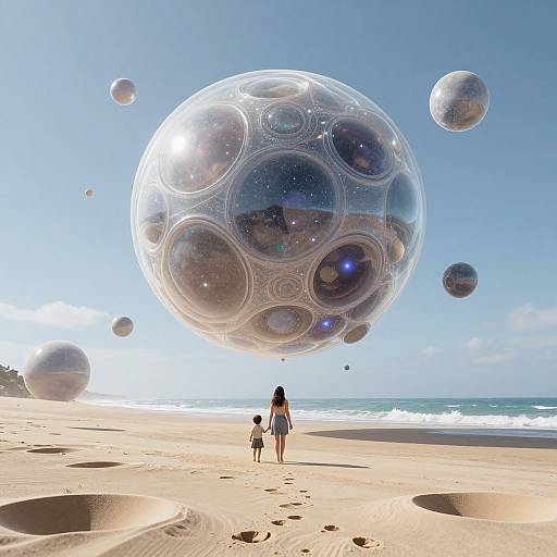 Digital artwork: A girl with long black hair stands on a sandy beach, facing giant translucent, bubble-like spheres floating in a clear blue sky over the