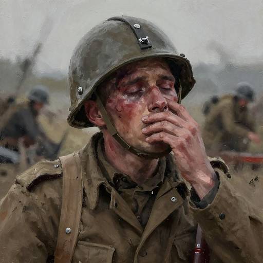 Photorealistic digital painting of a bloodied, weary World War I soldier, wearing a steel helmet, covering his mouth in a muddy, war-t