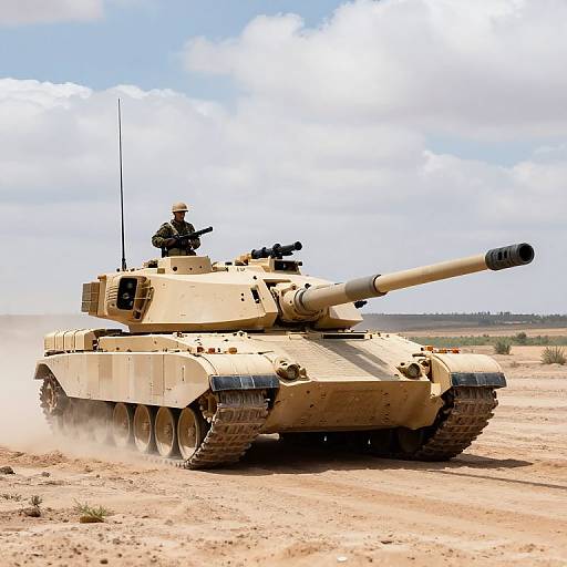 Photograph of a tan, heavily armored tank with a long barrel, driving on a dusty, sandy road under a partly cloudy sky. Soldier in black