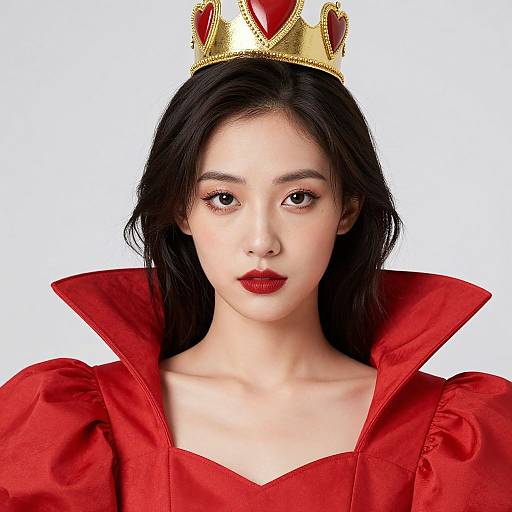 Photograph of an East Asian woman with pale skin, black hair, and red lipstick, wearing a gold crown and red ruffled dress.