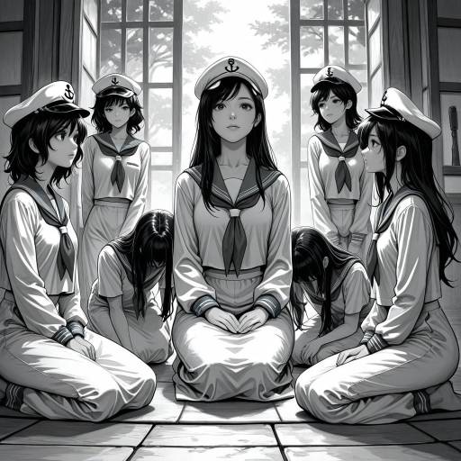 Monochrome Comic of Six Girls in Seiza