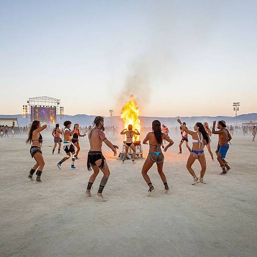 Photograph of a group of women dancing around a large bonfire in a desert at sunset, wearing athletic wear and knee-high socks.