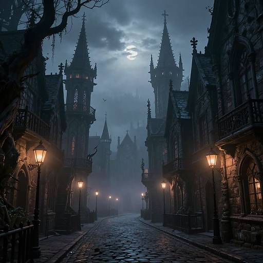 Photograph of a foggy, Gothic-style cobblestone street at night, flanked by ornate, towering buildings with glowing lanterns, under