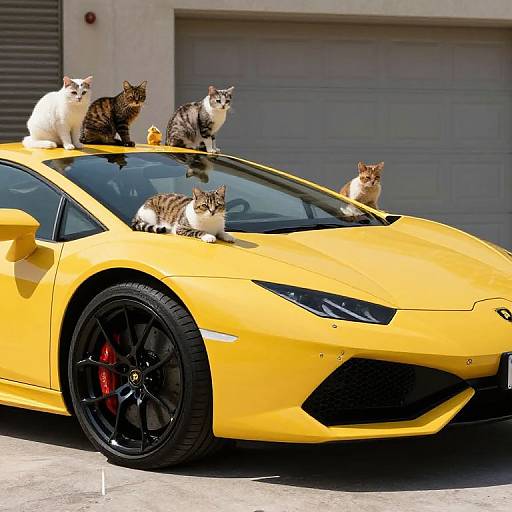 Photograph of six cats, varying in color and pattern, sitting on a bright yellow Lamborghini sports car with black wheels. Background: gray garage door