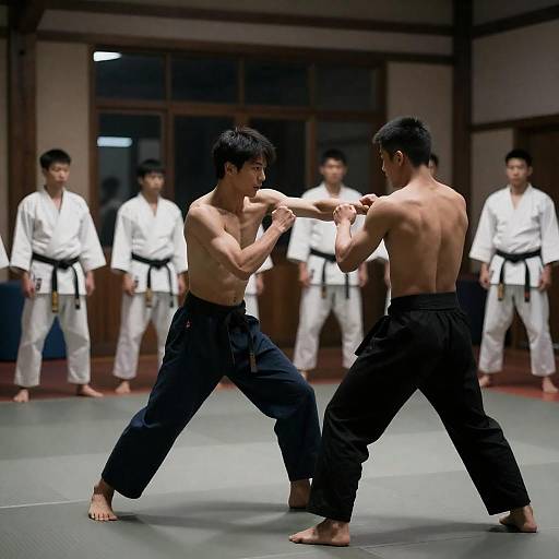 Dimly Lit Dojo Sparring Match