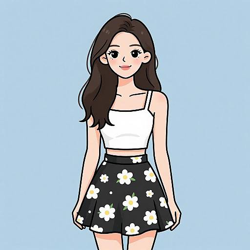 Digital drawing of a smiling young woman with long brown hair, wearing a white crop top and black floral skirt, against a light blue background.