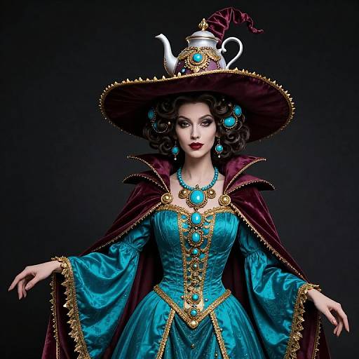 Digital illustration of a regal witch in a teal gown, gold accents, maroon cape, large hat with teapot, turquoise jewels, dark curly