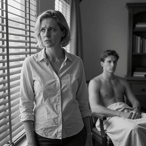 Worried Woman with Shirtless Man in Background