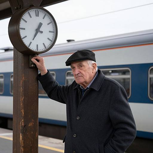Photograph of elderly Caucasian man in black coat and cap, standing at train station, touching clock, blue and white train in background.