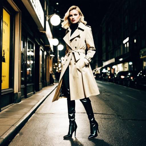 Fashionable Woman in Trench Coat and High Heels on Night City Street