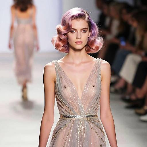 Photograph of a model with pink, wavy hair, wearing a sheer, deep V-neck, sequined gown, walking on a brightly lit runway