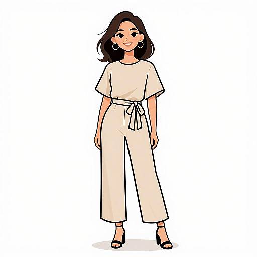 Digital illustration of a smiling woman with medium-length dark brown hair, wearing a cream-colored romper, tied at the waist, and black open-toe