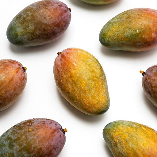 Photograph of seven ripe mangoes with varied yellow, green, and red hues, water droplets, and shadows on a white background.