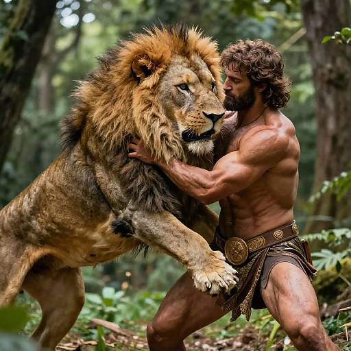Photorealistic CGI of a muscular, bearded man in a loincloth wrestling a majestic lion in a dense, green jungle.