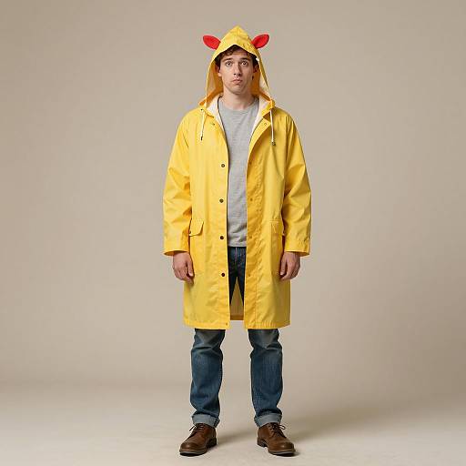 Man in Yellow Raincoat with Red Ears