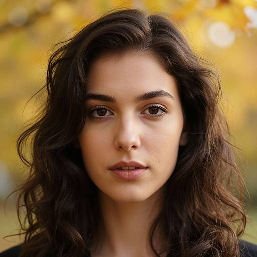 Photograph of a young woman with long, wavy dark brown hair, fair skin, and brown eyes, standing against a blurred autumnal yellow background