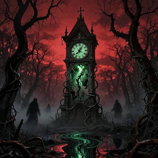 Digital artwork: Dark, gothic clock tower with glowing green hands and eerie green figure, surrounded by twisted, leafless trees against a vibrant red sky