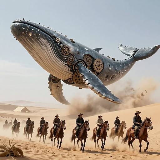 Digital artwork: A massive, steampunk-style blue whale with circular gears and patterns soars above a group of cowboys on horses in a dusty