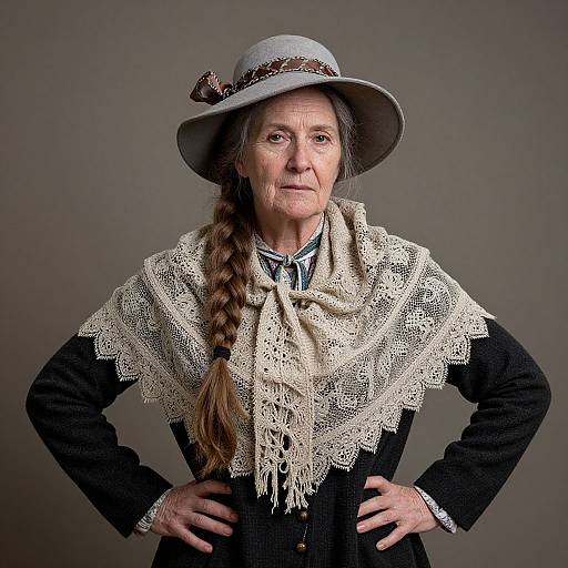 Photograph of an elderly woman with long brown braid, wearing a white lace shawl, black dress, light gray hat, hands on hips,
