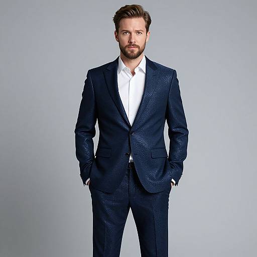 Photograph of a handsome, bearded man with short brown hair, wearing a textured dark blue suit, white shirt, and standing against a plain light